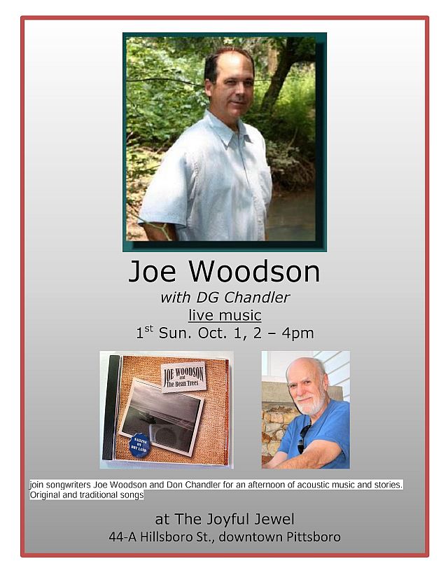 Songwriters Joe Woodson & Don Chandler will be at the Joyful Jewel on October 1, 2017.