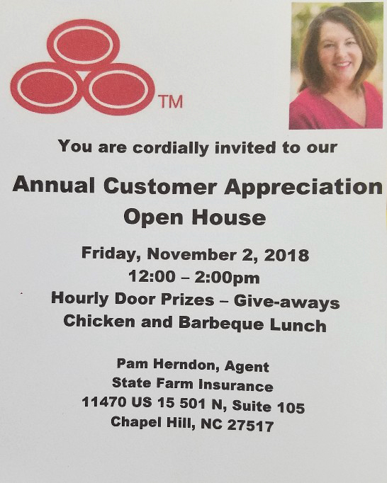 Join Pam Herndon, State Farm Agent, for the annual Customer Appreciation Open House & Lunch!